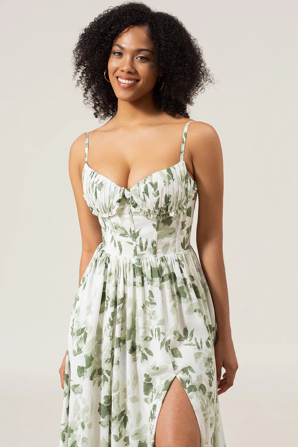 A Line Spaghetti Straps Printed Long Green Bridesmaid Dress With Slit