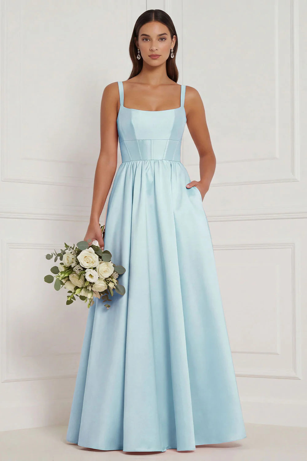 Lilac A Line Corset Satin Square Neck Long Bridesmaid Dress