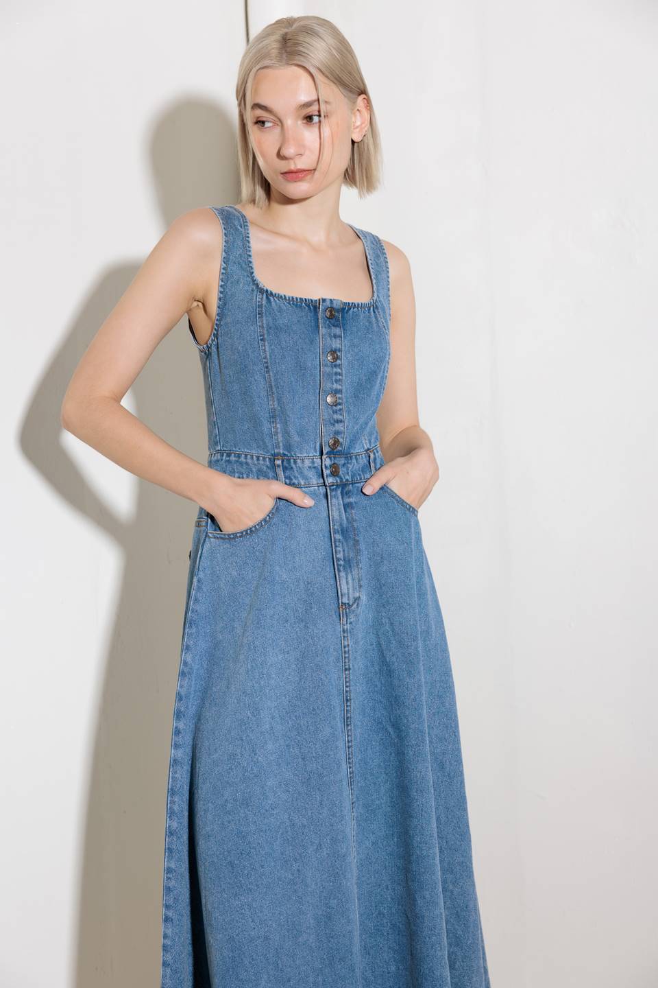 SOFTLY ROMANTIC SQUARE NECKLINE DENIM MIDI DRESS