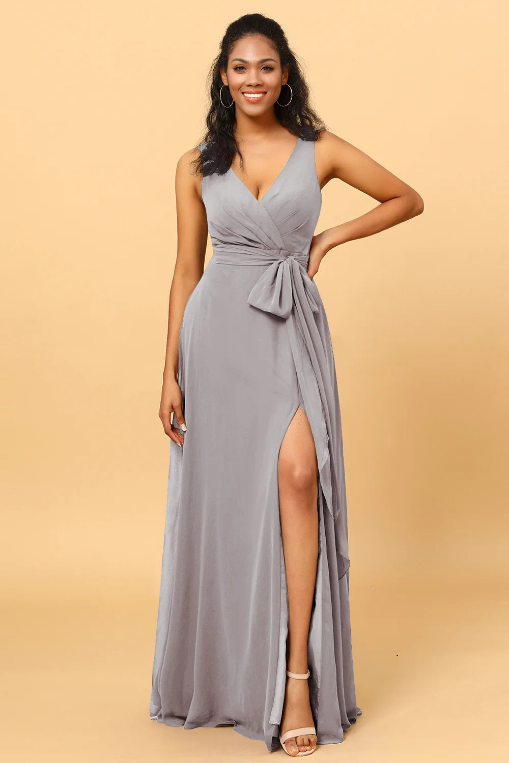 A Line V Neck Sleeveless Long Chiffon Bridesmaid Dress with Slit