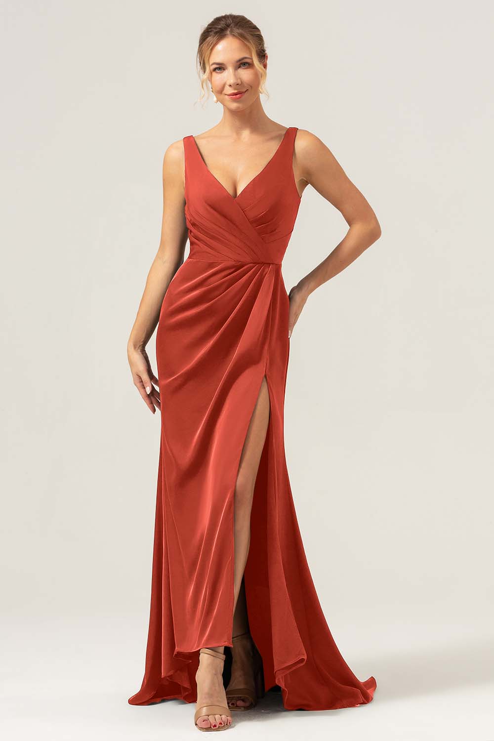 Burgundy Mermaid V Neck Ruched High Low Long Satin Bridesmaid Dress with Slit
