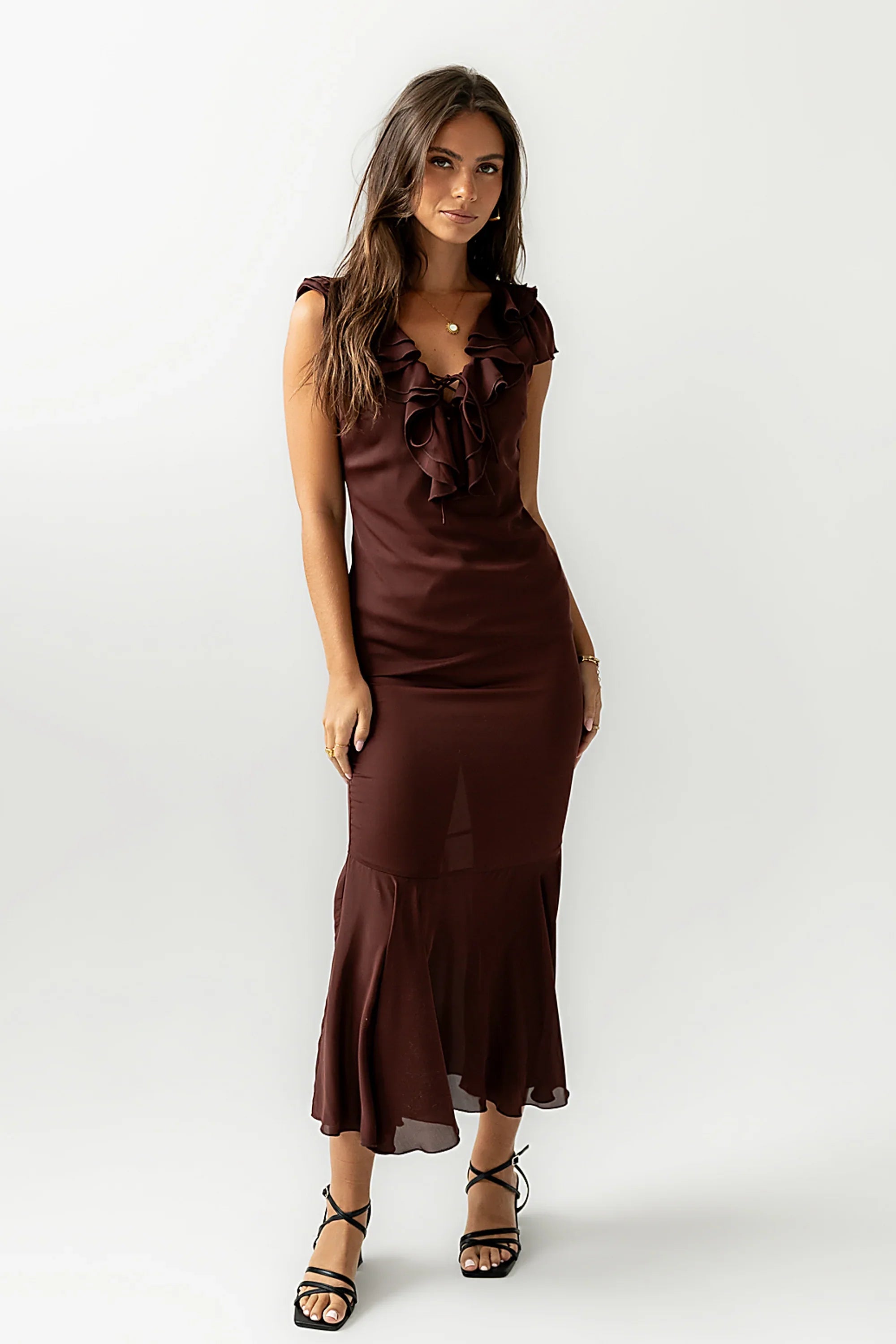 Reese Ruffle Maxi Dress in Red Brown FINAL SALE