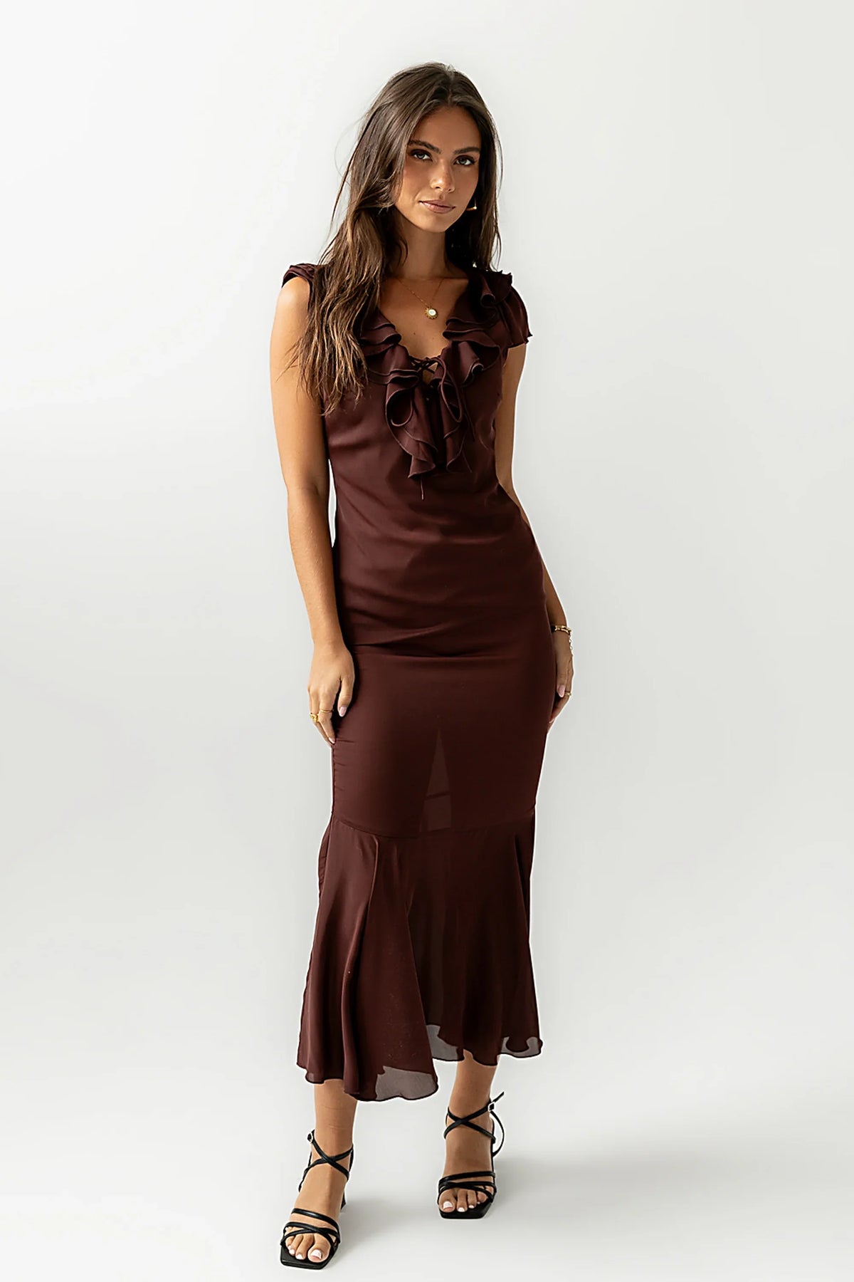 Reese Ruffle Maxi Dress in Red Brown FINAL SALE