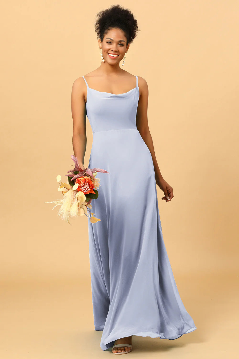 Sheath Spaghetti Straps Long Chiffon Bridesmaid Dress