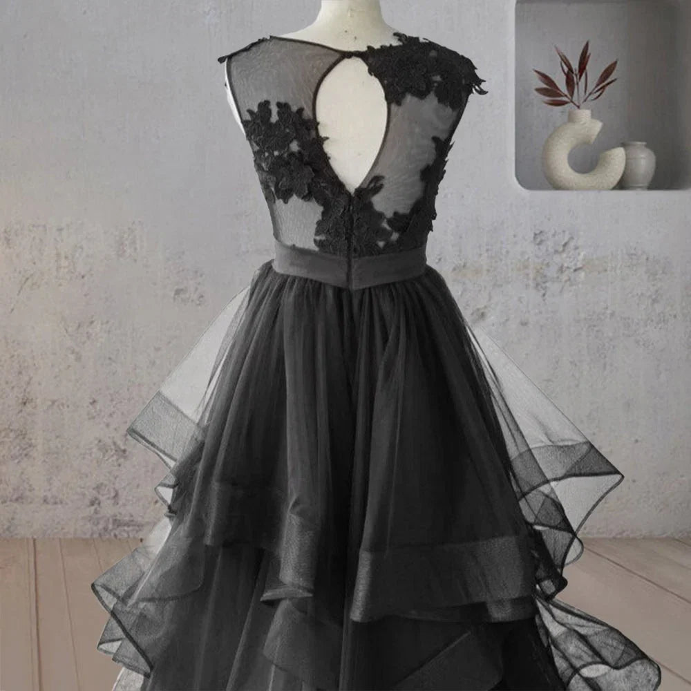 Vintage A Line Black Tulle Wedding Dress with Ruffles