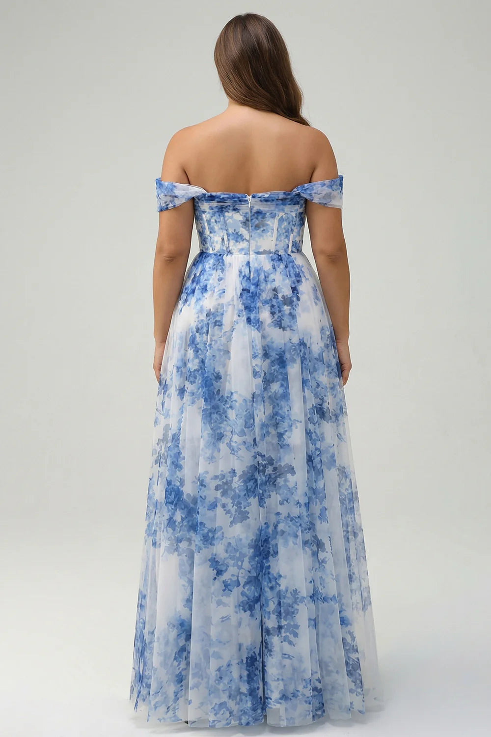 White Blue Flower A Line Off the Shoulder Ruched Corset Maxi Dress with Slit