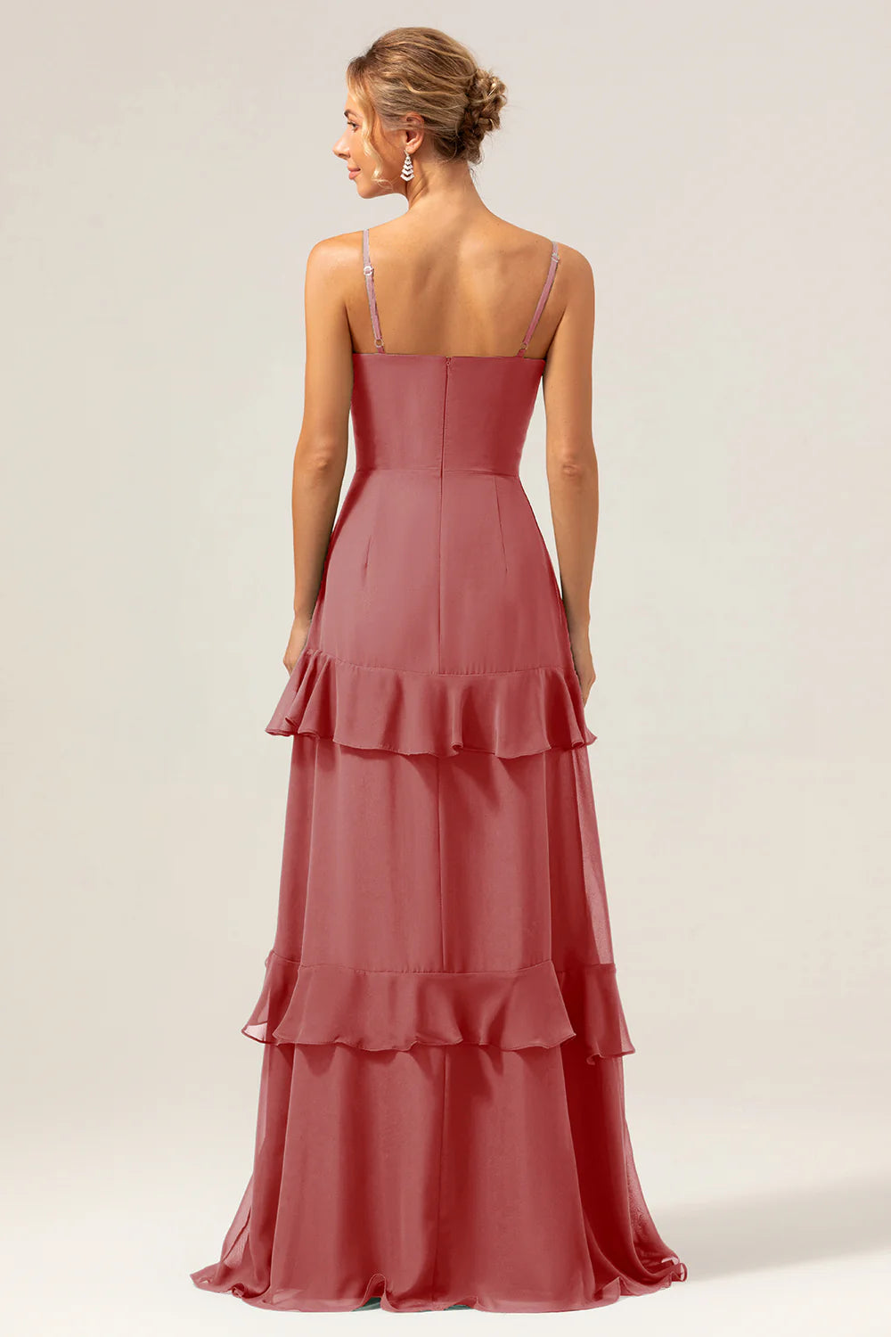 Dark Green A Line Spaghetti Straps Ruffled Chiffon Floor Length Bridesmaid Dress with Slit