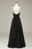 Black A Line Spaghetti Straps Chiffon Long Bridesmaid Dress