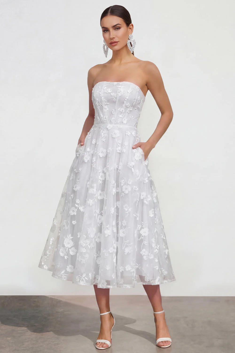 Strapless Floral Blue A Line Wedding Guest Dress