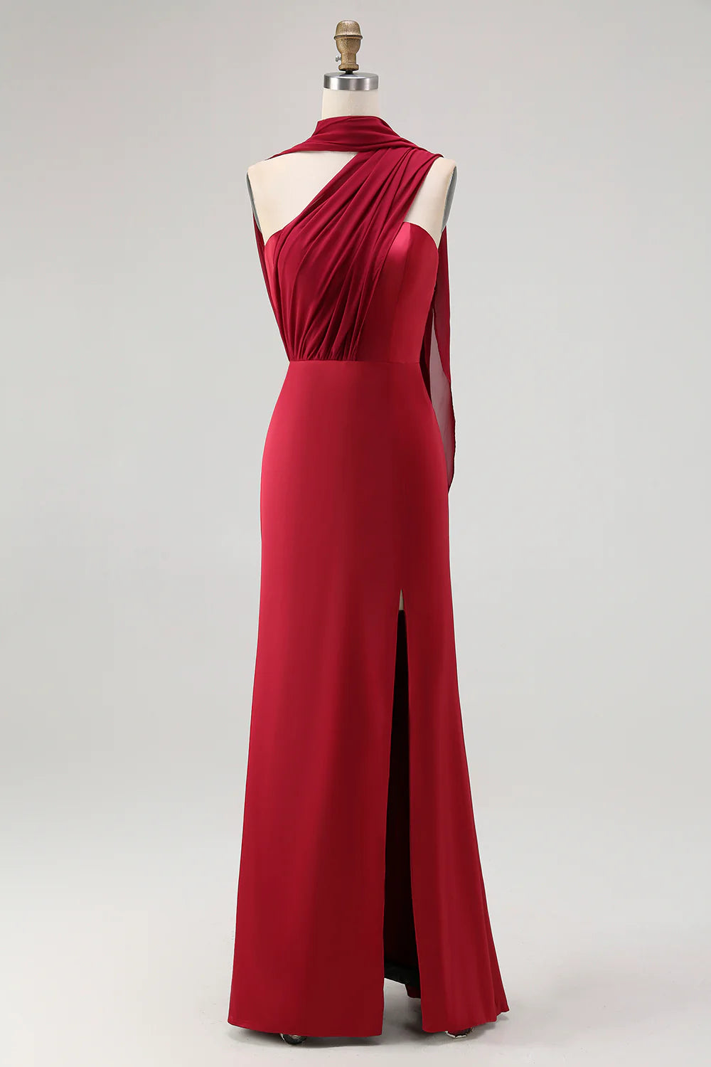 One Shoulder Draped Long Bridesmaid Dress with Side Slit