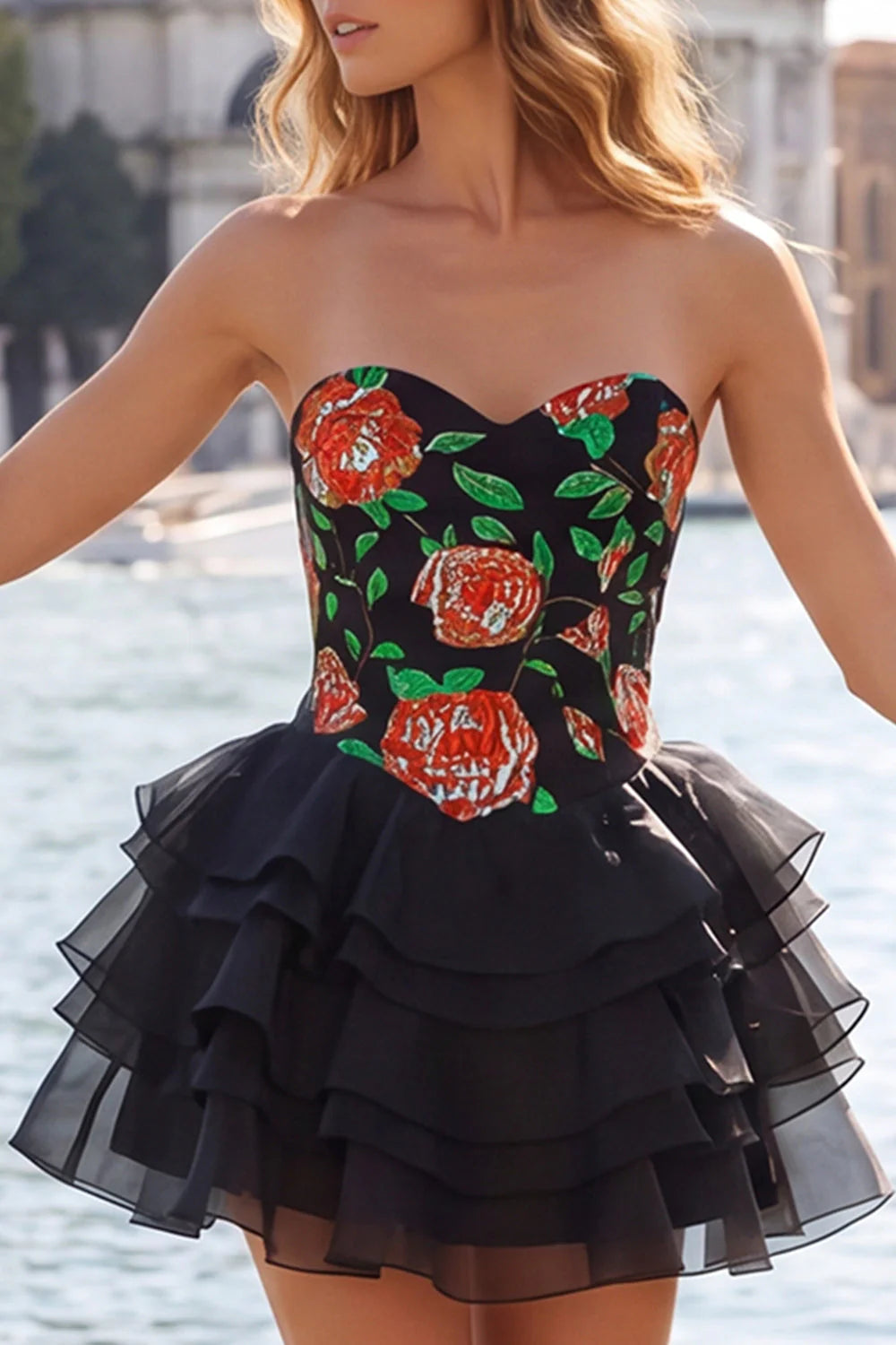 Sky Blue Sweetheart Floral Tiered A Line Homecoming Dress with Lace up Back