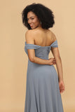 Grey Blue A Line Off the Shoulder Long Chiffon Bridesmaid Dress