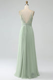 Dusty Sage A Line Spaghetti Straps Pleated Chiffon Bridesmaid Dress