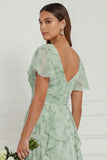 Dusty Sage A Line V Neck Ruffled Long Bridesmaid Dress with Short Sleeves