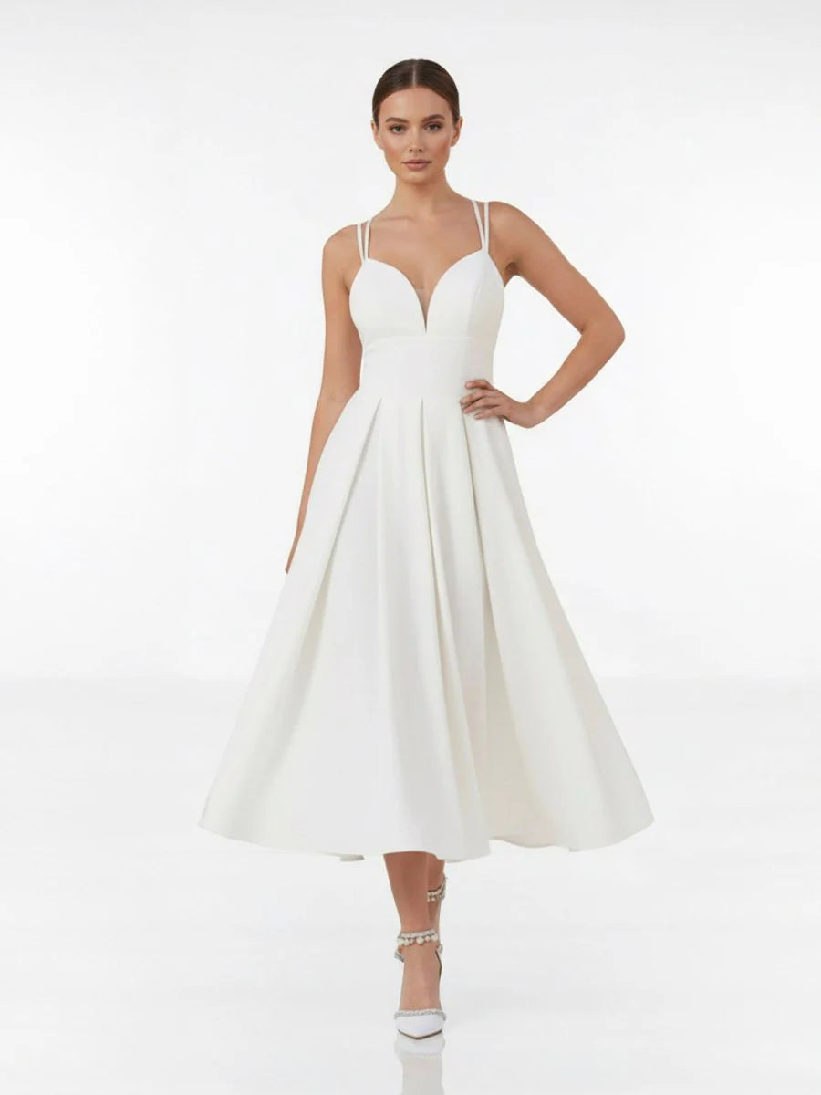 A Line V Neck Sleeveless Satin Knee Length Wedding Dress