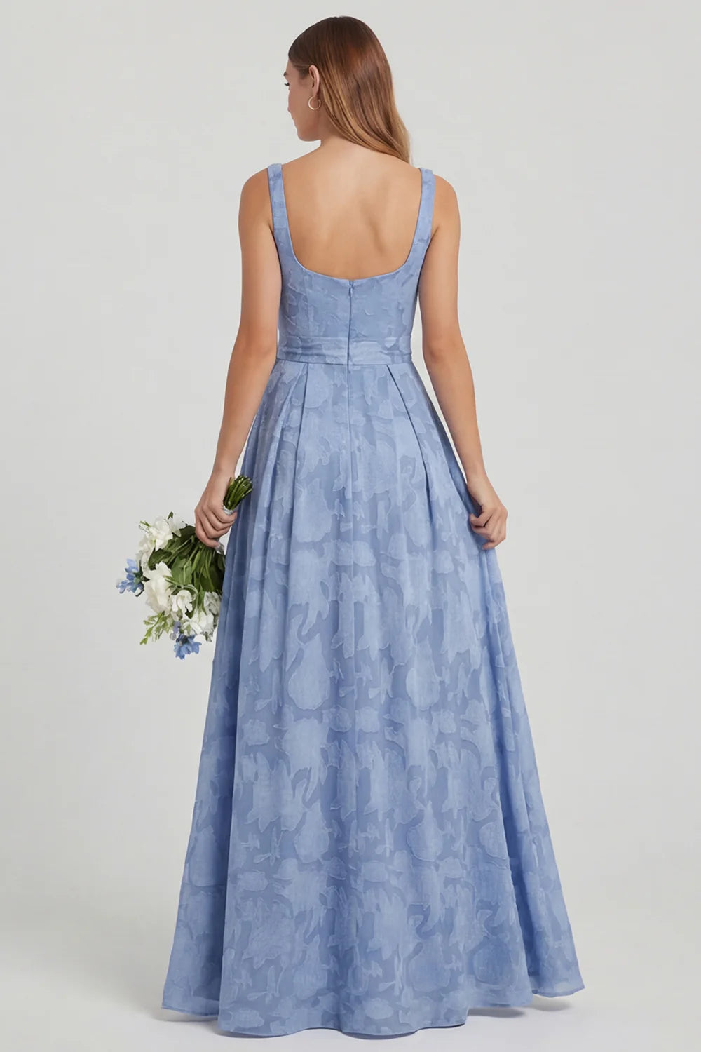 Dusty Blue Floral A Line Chiffon Long Bridesmaid Dress with Slit