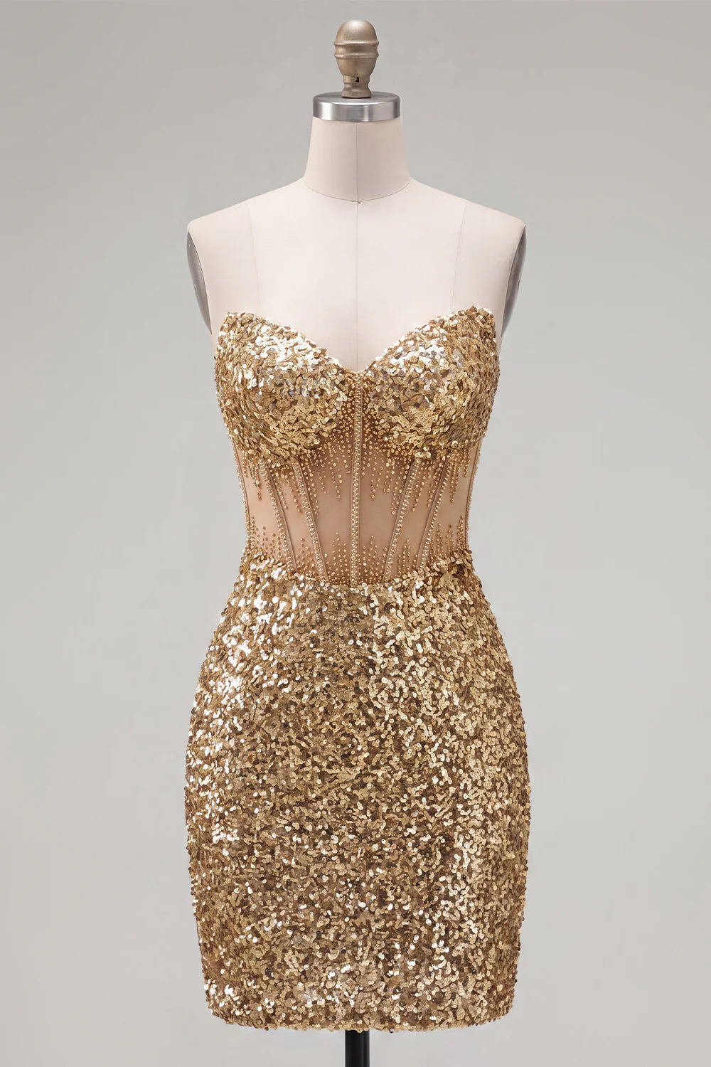 Sparkly Golden Bodycon Sequin Corset Strapless Homecoming Dress