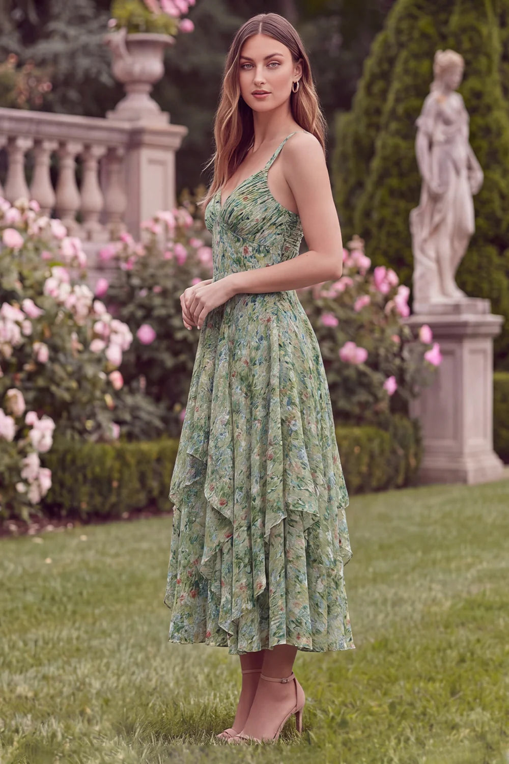 Floral Printed Sage A Line Ruffled Midi Wedding Guest Dress