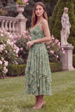 Floral Printed Sage A Line Ruffled Midi Wedding Guest Dress