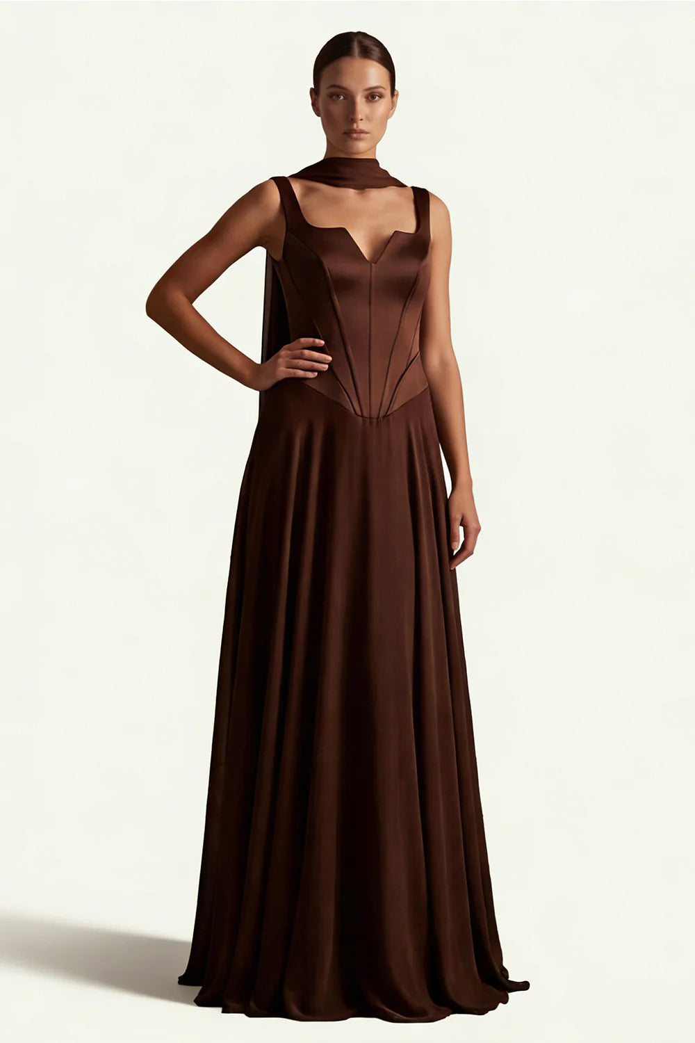 Coffee A Line Corset Satin Long Bridesmaid Dress with Streamer