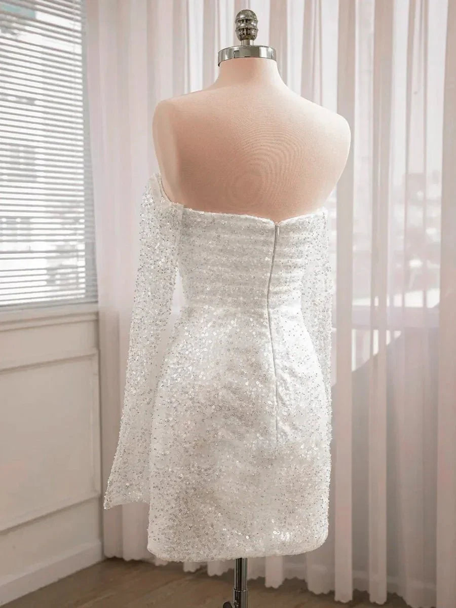 Chic Short Sequined Backless Wedding Dress With Long Detachable Sleeves