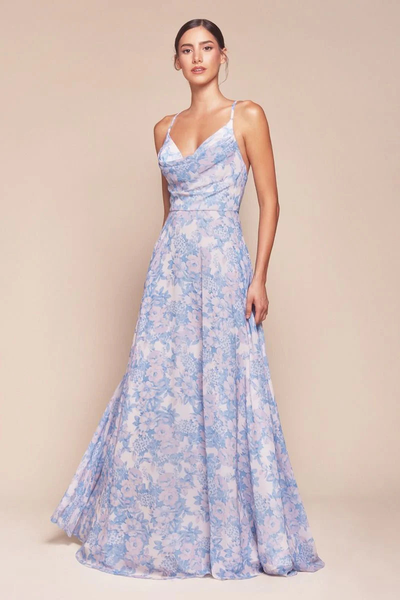 IRIS GOWN BLUE A LINE SOFT CHIFFON PRINT DRESS