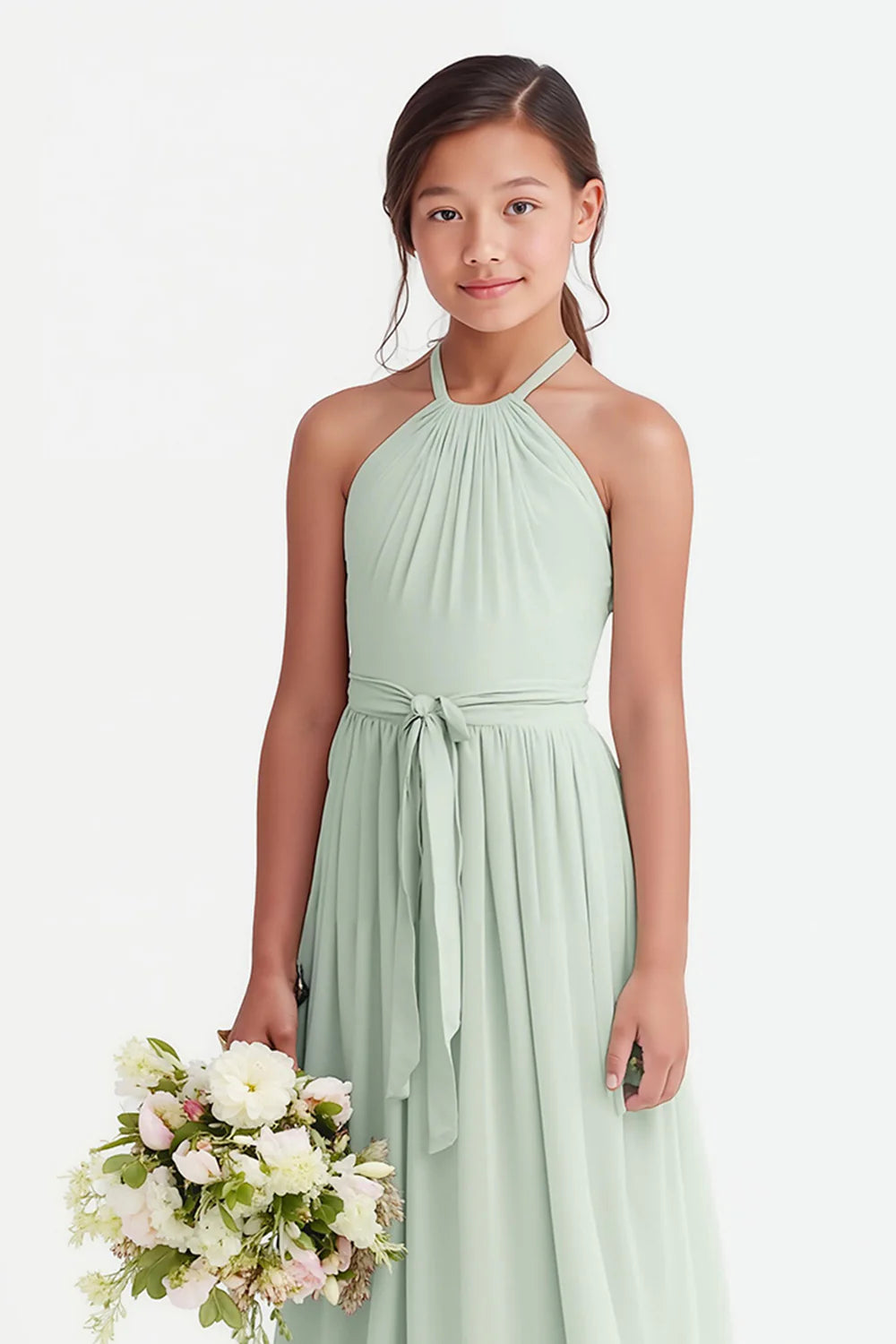Sage A Line Ruched Halter Belted Junior Bridesmaid Dress