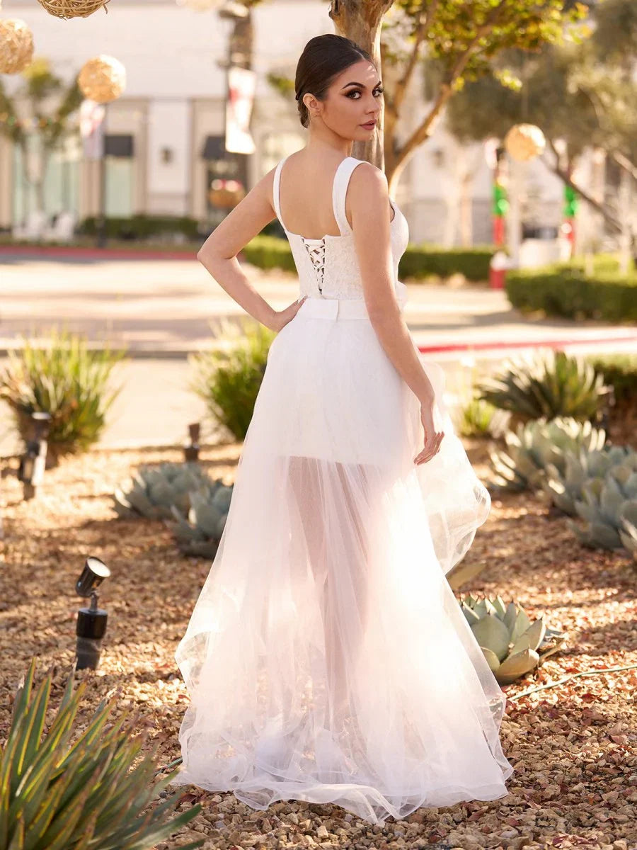 Beach Short Sweetheart Detachable Lace Wedding Dress With Tied Back