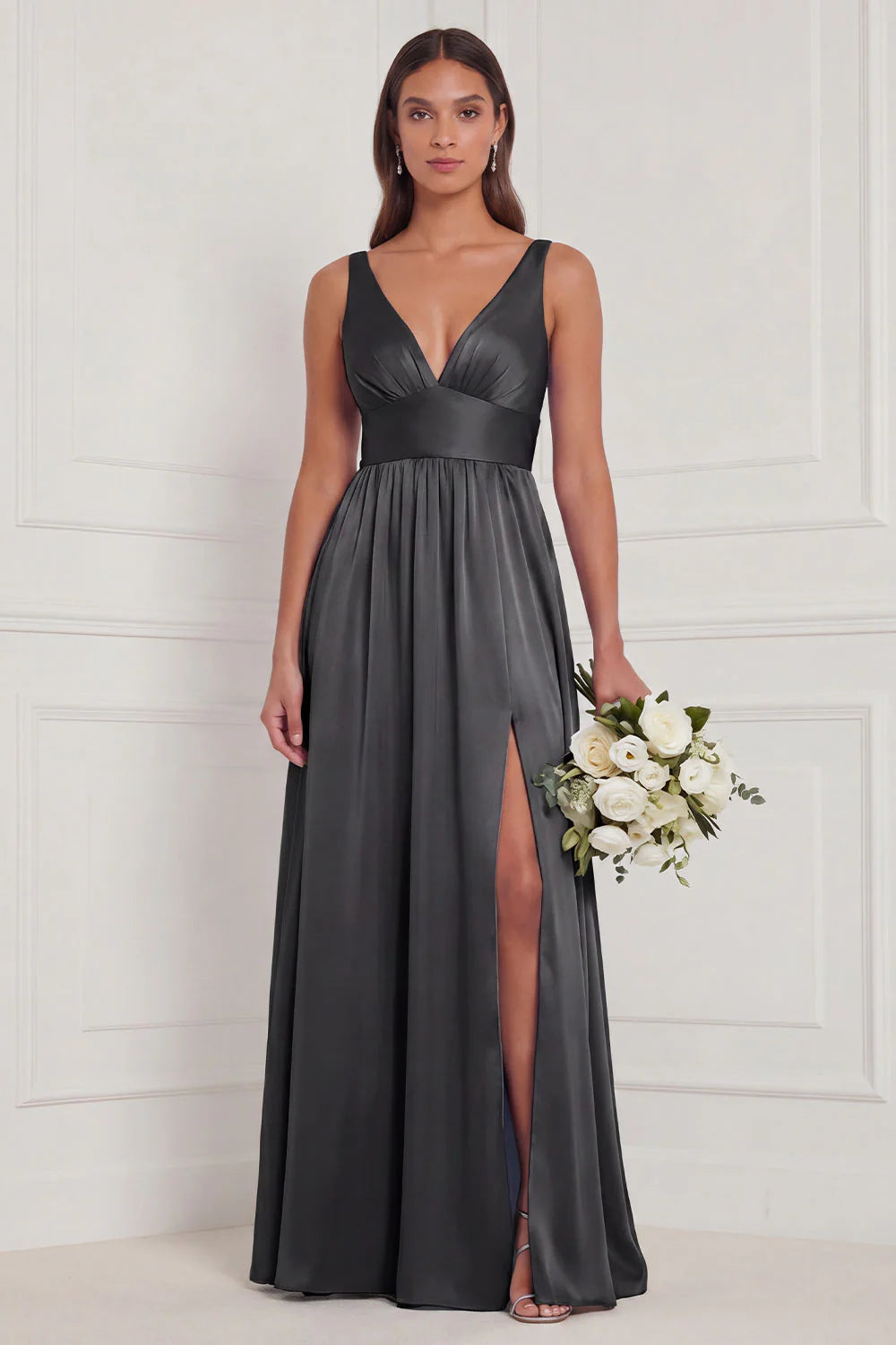 Dusty Blue A Line V Neck Bridesmaid Dress with Slit