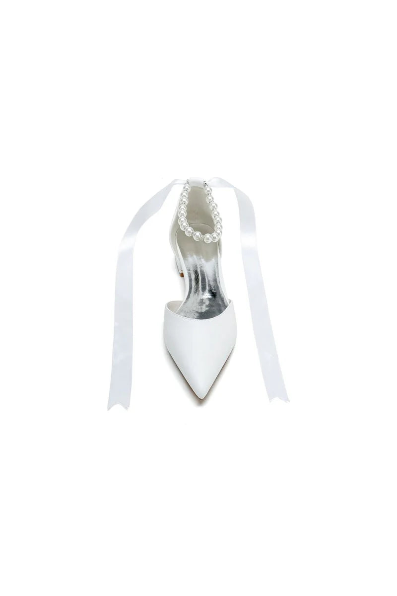 Pointed Toe Ankle Strap Pearl Beaded Ivory Ribbons Low Heels