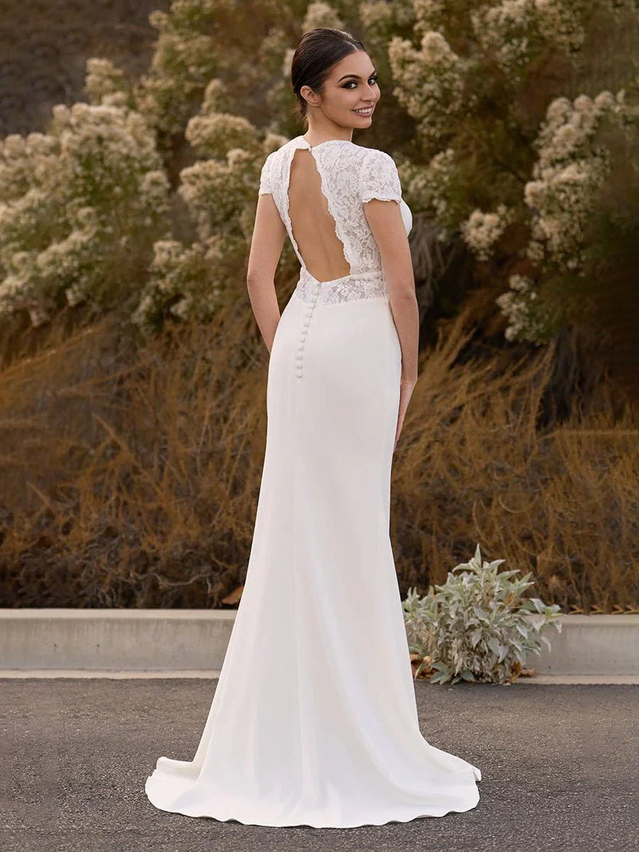 Modest Simple Sheath Short Sleeve Empire Floor Length Sweep Train Chiffon V neck Wedding Dress