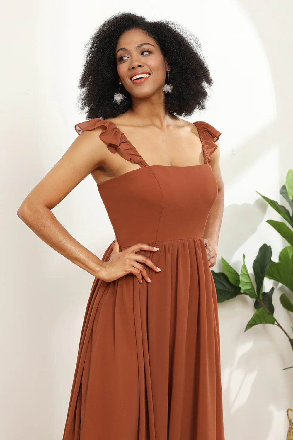 Terracotta A Line Floor Length Chiffon Bridesmaid Dress With Ruffles