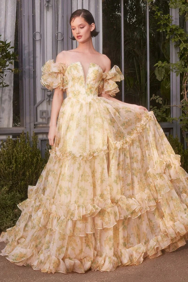 A1430 STRAPLESS FLORAL PRINTED BALL GOWN Andrea Leo