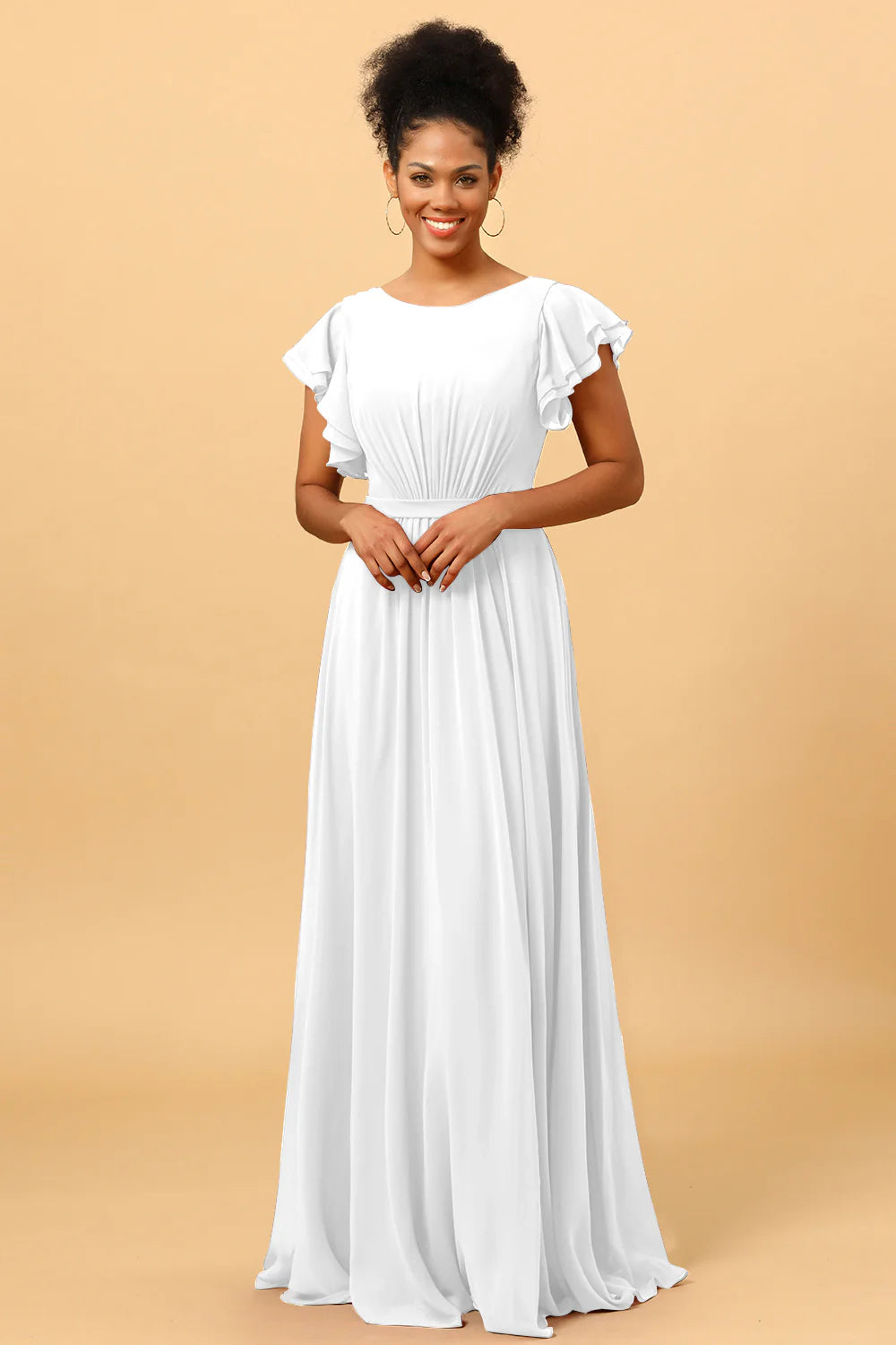 A Line Bateau Neck Ruched Long Chiffon Bridesmaid Dress with Ruffles