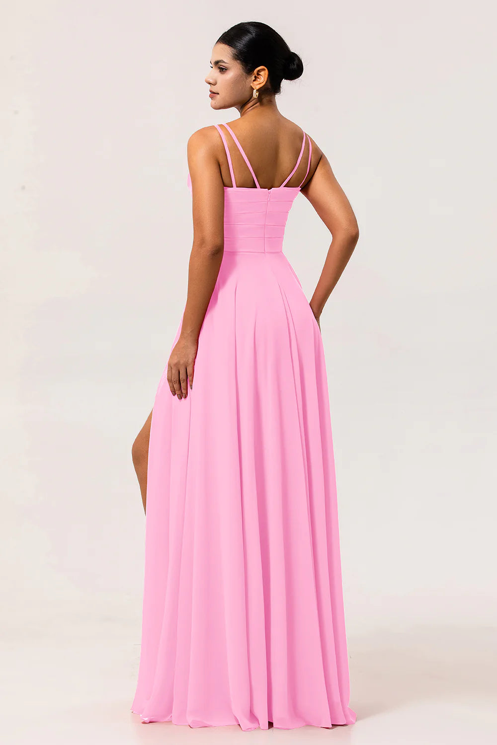 Hot Pink A Line Cowl Neck Chiffon Long Bridesmaid Dress with Slit