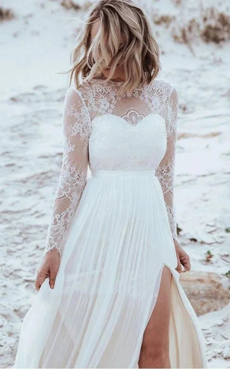 Casual Lace Bateau A Line Tulle Floor length Wedding Dress with Split Front and Pleats