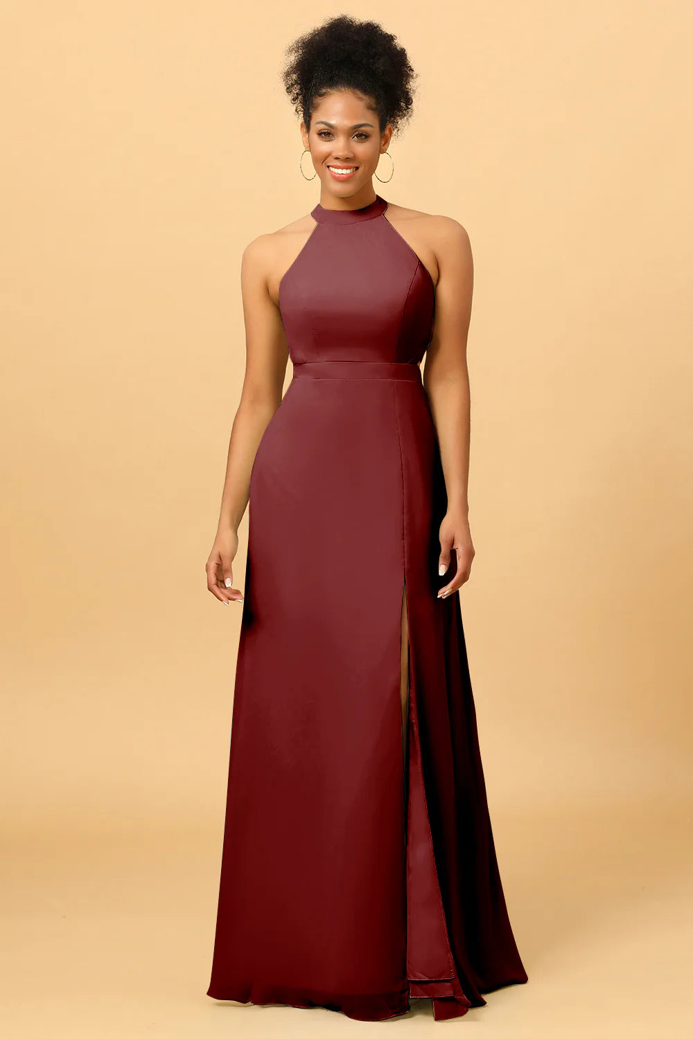 Sheath Halter Floor Length Open Back Chiffon Bridesmaid Dress with Slit