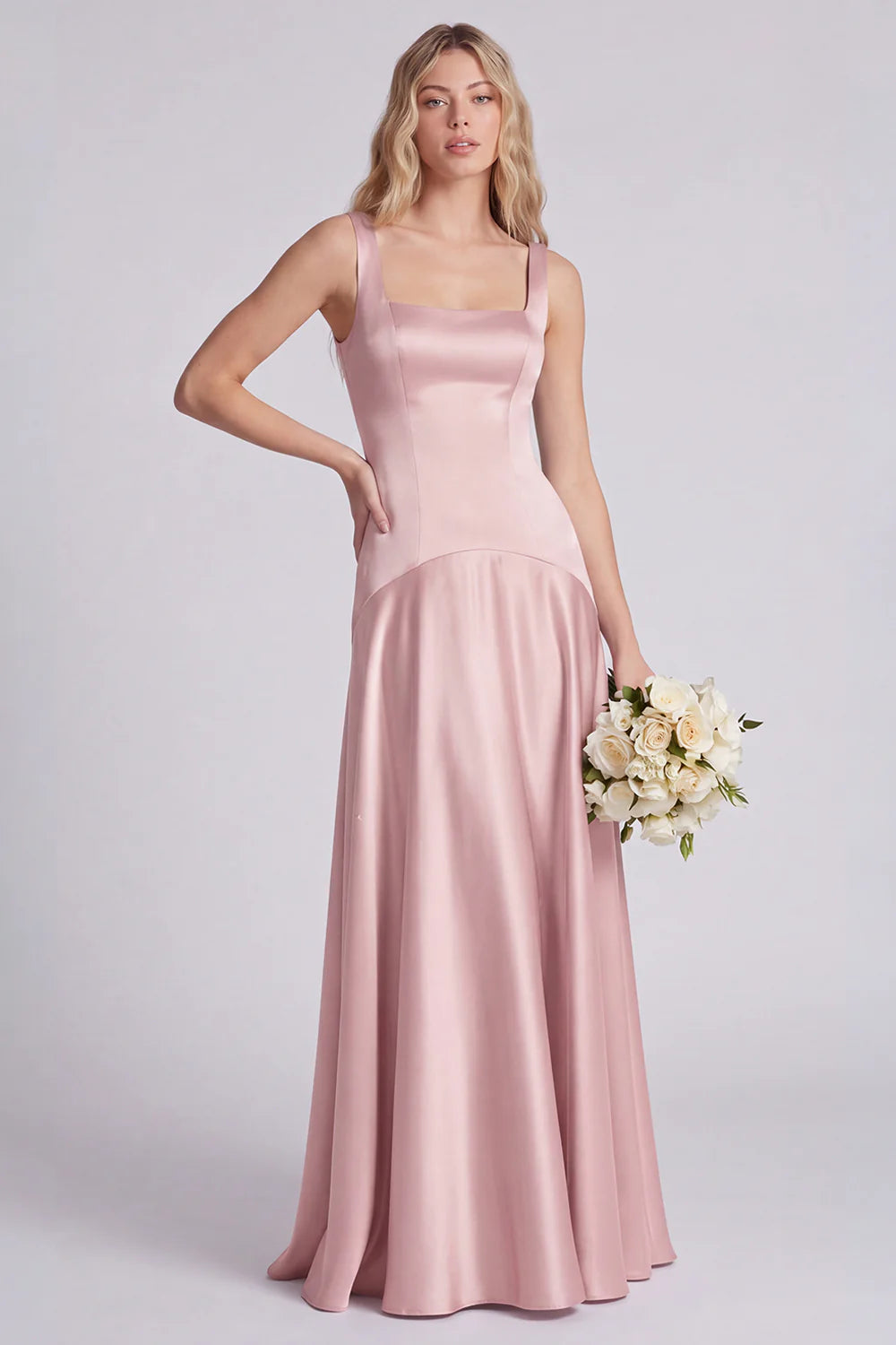 Eucalyptus Square Neck A Line Satin Long Bridesmaid Dress