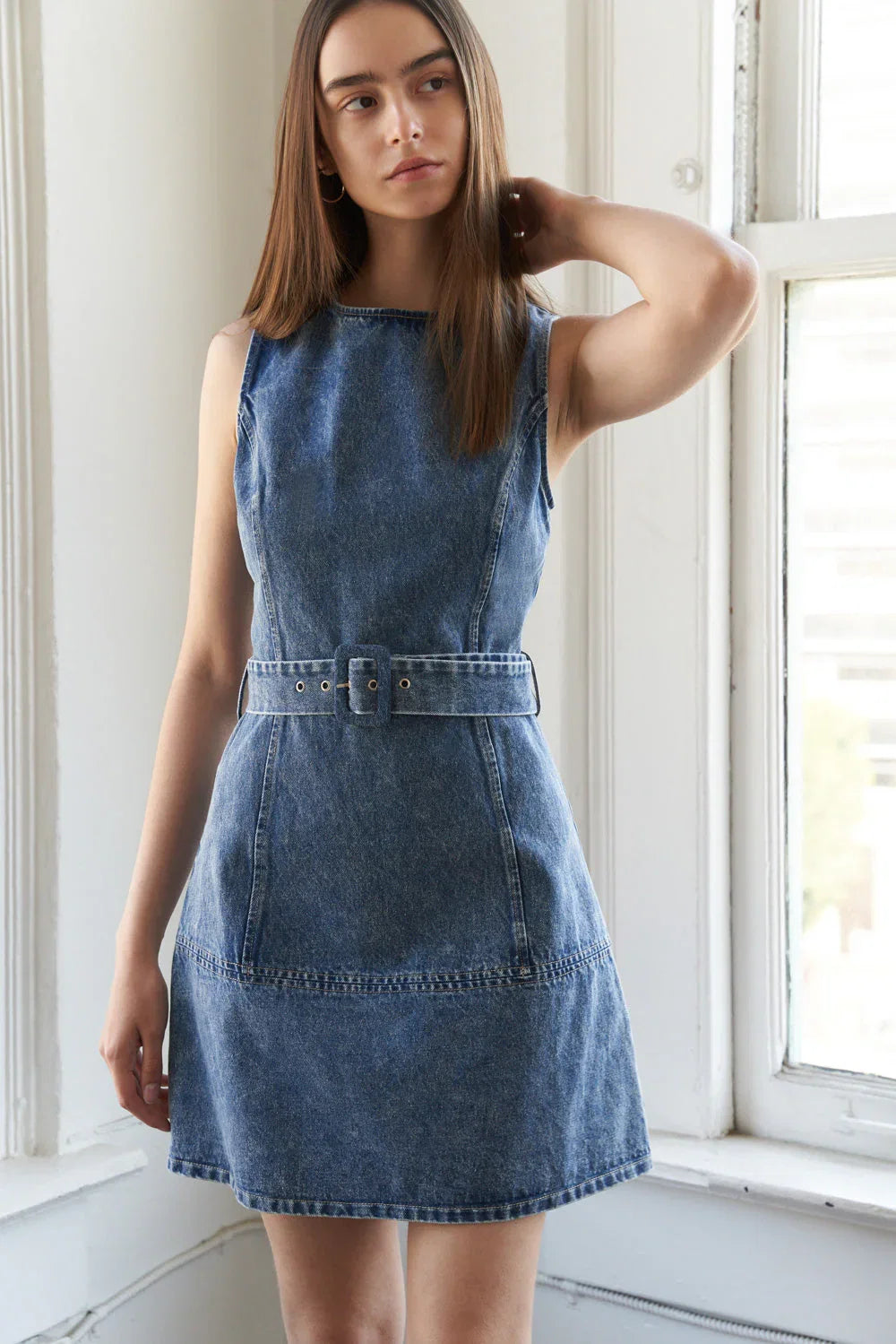 TURN A NEW LEAF DENIM MINI DRESS