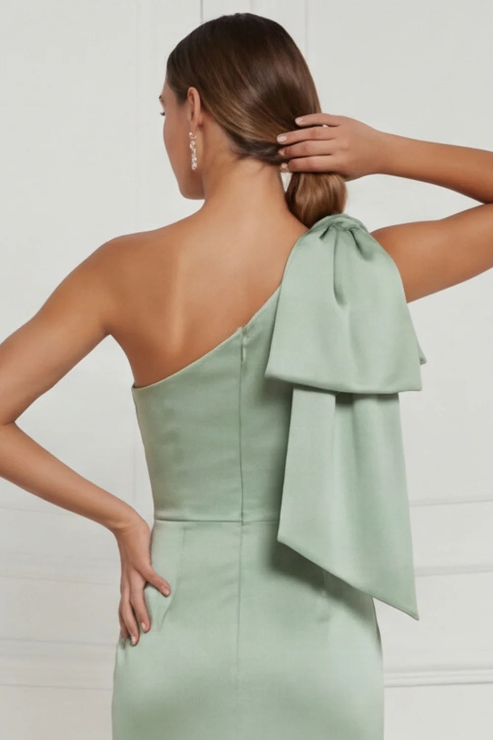 Sage Green One Shoulder Mermaid Satin Long Bridesmaid Dress with Bow