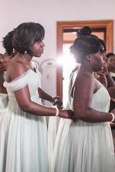Off the Shoulder A line Light Grey Chiffon Long Bridesmaid Dress