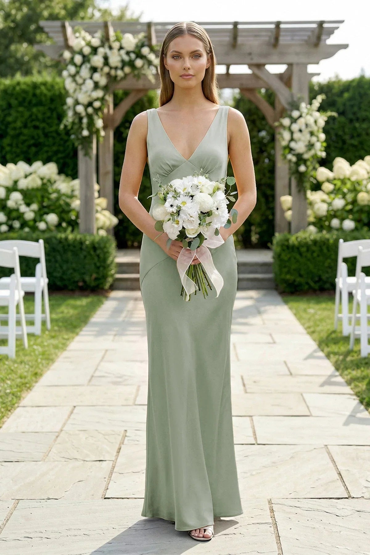 Charming Sheath V Neck Stretch Satin Bridesmaid Dresses