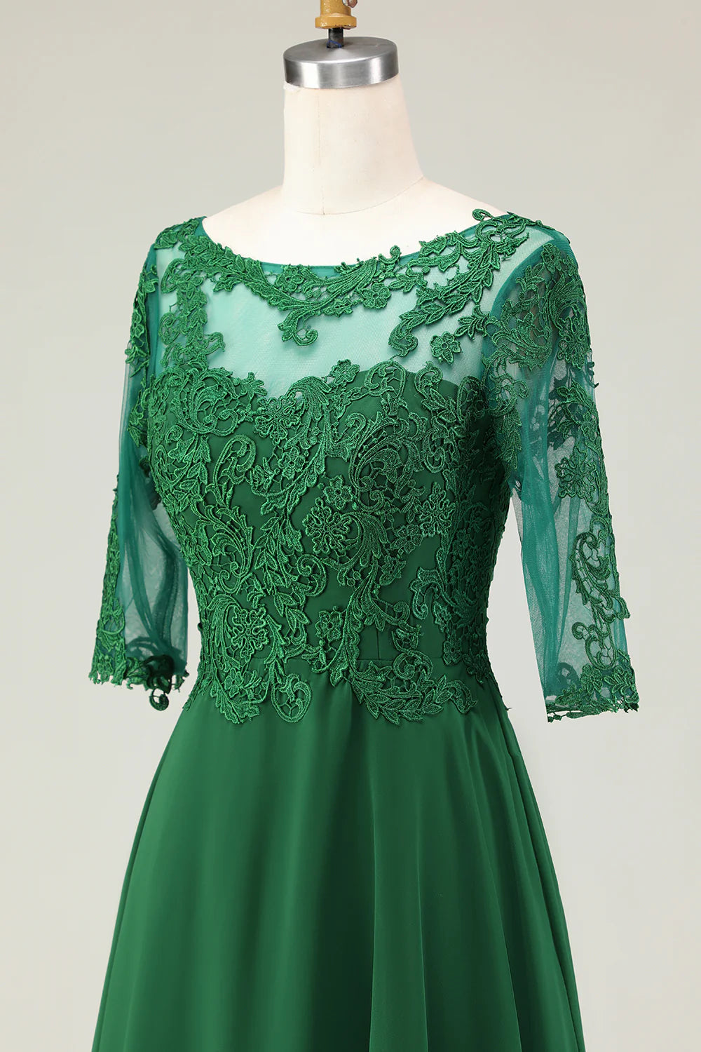 Green A Line Tie Back Appliqued Midi Mother Of The Bride Dress with Half Sleeves