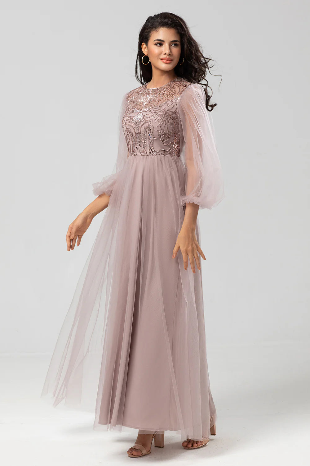A Line Tulle Beaded Dusty Blue Bridesmaid Dress With Long Sleeves