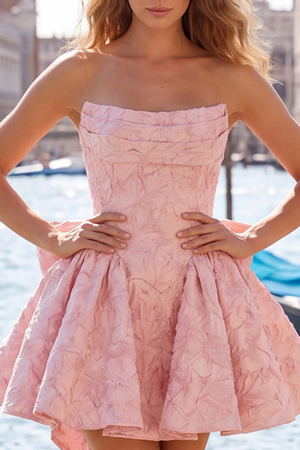 Strapless A Line Jacquard Bow Blue Homecoming Dress with Lace Up Back