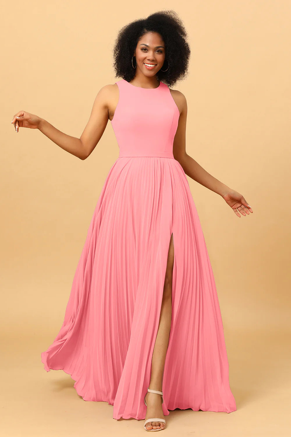 A Line Pleated Long Chiffon Bridesmaid Dress with Ruffles