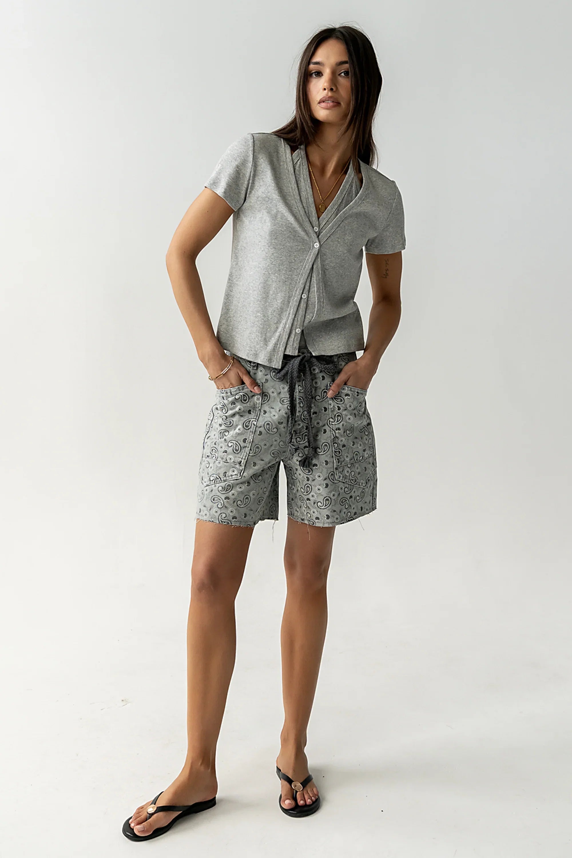 Finneas Denim Shorts in Grey Paisley
