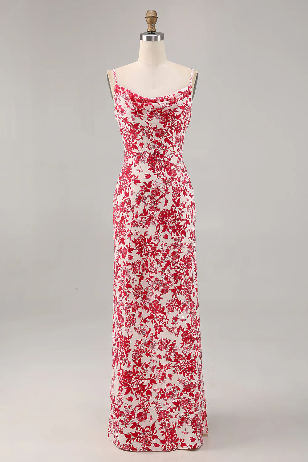 Red Flower Sheath Spaghetti Straps Floral Maxi Dress