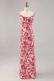 Red Flower Sheath Spaghetti Straps Floral Maxi Dress
