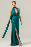 Peacock Sheath Deep V Neck Open Back Convertible Long Satin Bridesmaid Dress with Streamer